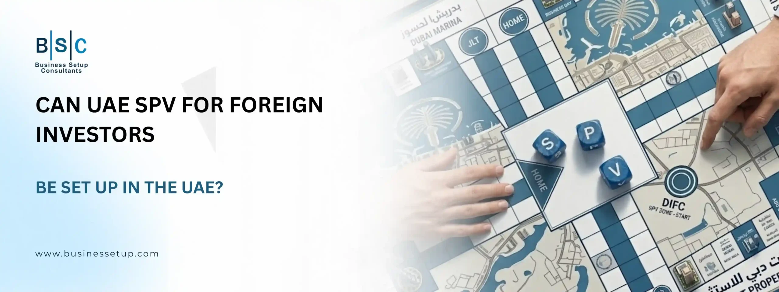 Can UAE SPV for Foreign Investors Be Set Up in the UAE Graphic discussing UAE SPV for foreign investors, featuring a board game with hands, dice, and Dubai maps.