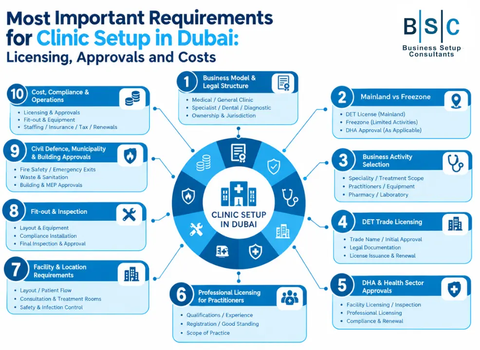A detailed 10-step infographic diagram by BSC Consultants showing the logical workflow, legal requirements, and essential approvals needed to complete a medical clinic setup in Dubai.