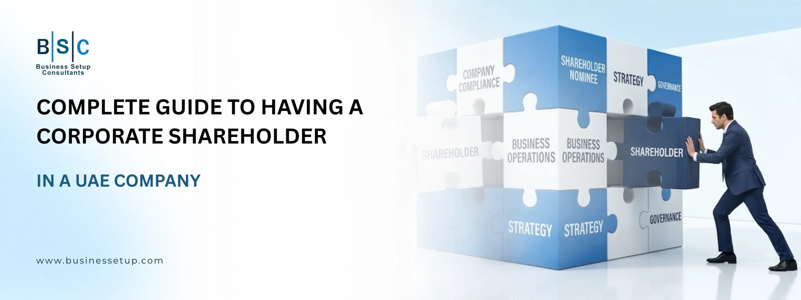Complete Guide to Having a Corporate Shareholder in a UAE Company BSC's 16:9 thumbnail for its guide to having a corporate shareholder in a UAE company, depicting a businessman pushing a large 'SHAREHOLDER' puzzle piece into a massive 3D corporate cube.