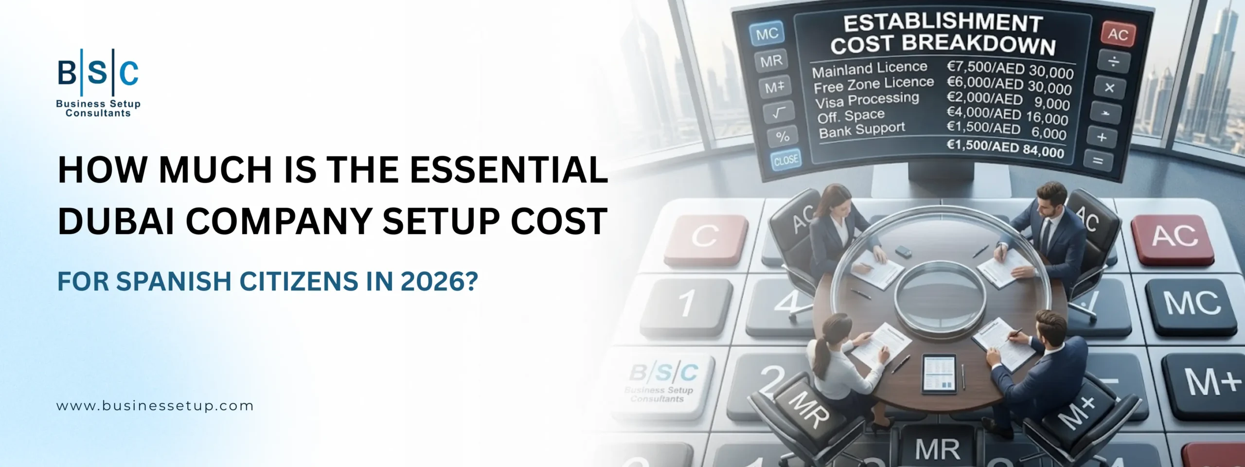 Dubai Company Setup Cost for Spanish Citizens High-angle view of four executives at a calculator table, discussing the Dubai company setup cost for Spanish citizen against a skyline.