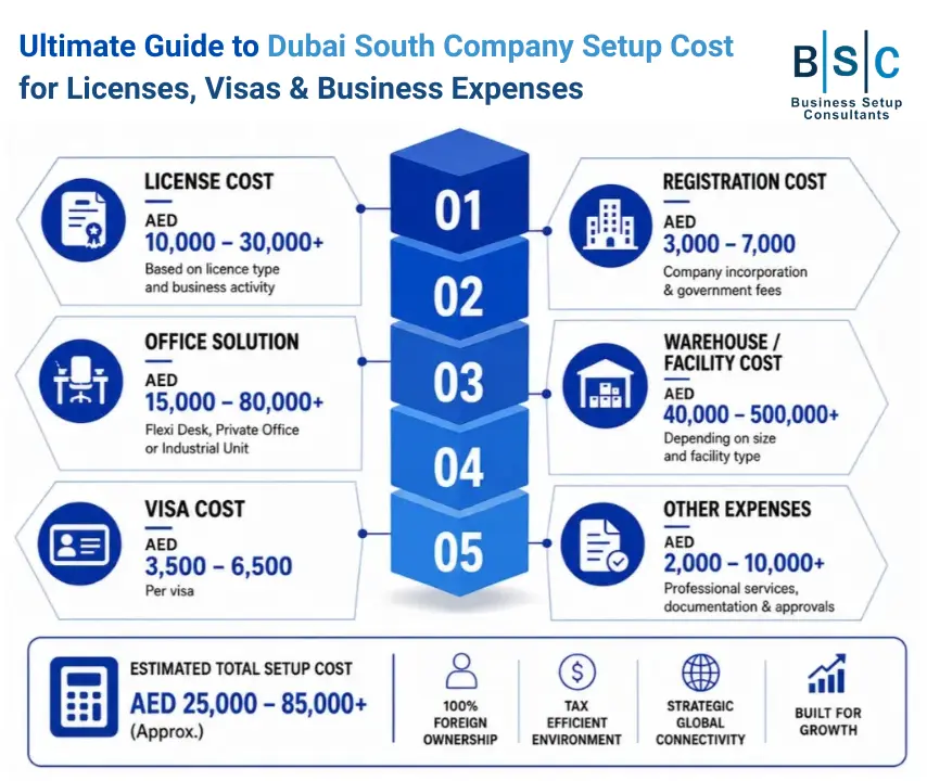 Dubai South company setup cost infographic showing licence, registration, office, warehouse, visa, other expenses, and estimated total setup investment ranges.