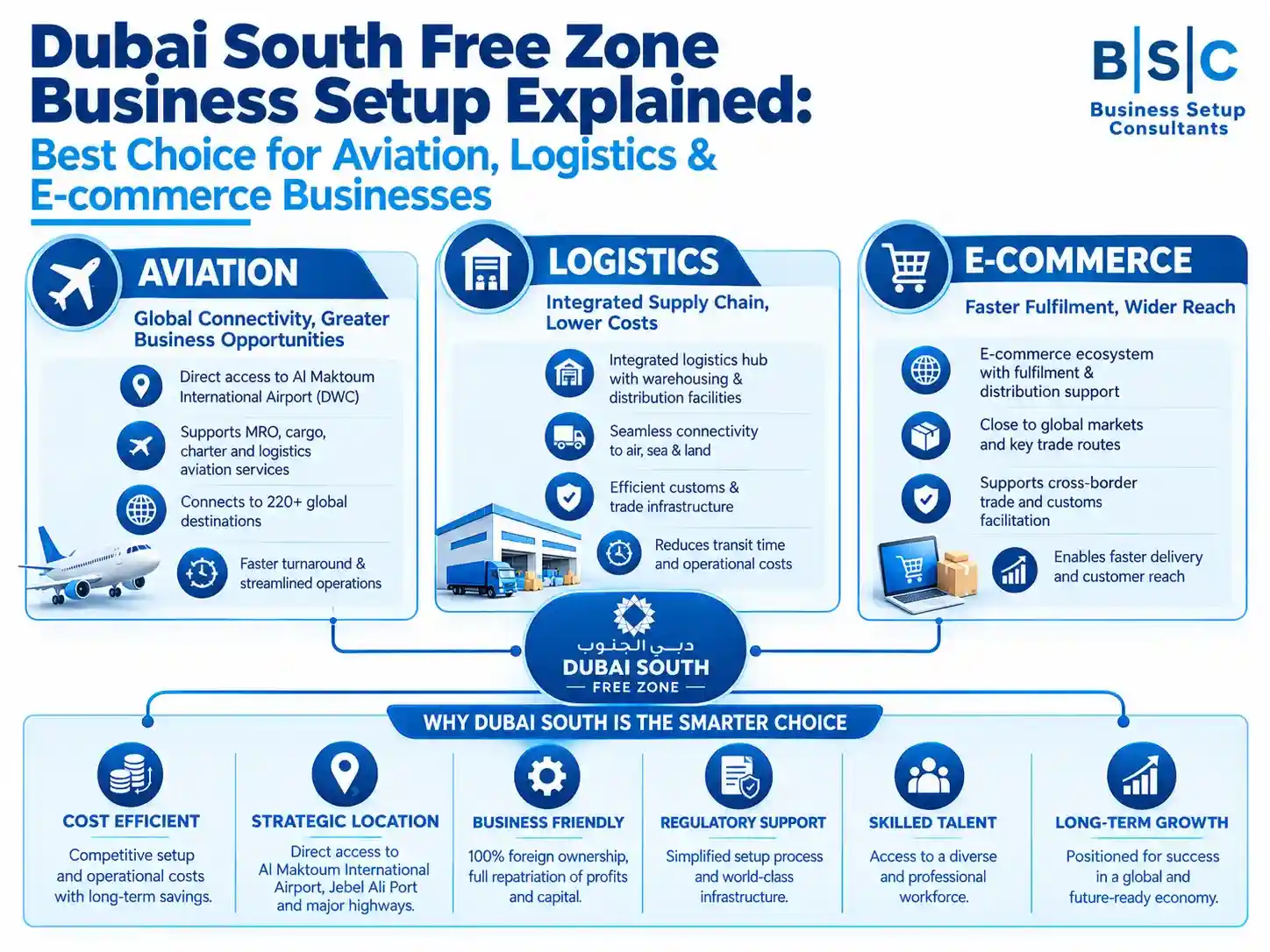 Comprehensive infographic explaining the key benefits and step-by-step process of a Dubai South Free Zone Business Setup for specific industry types.