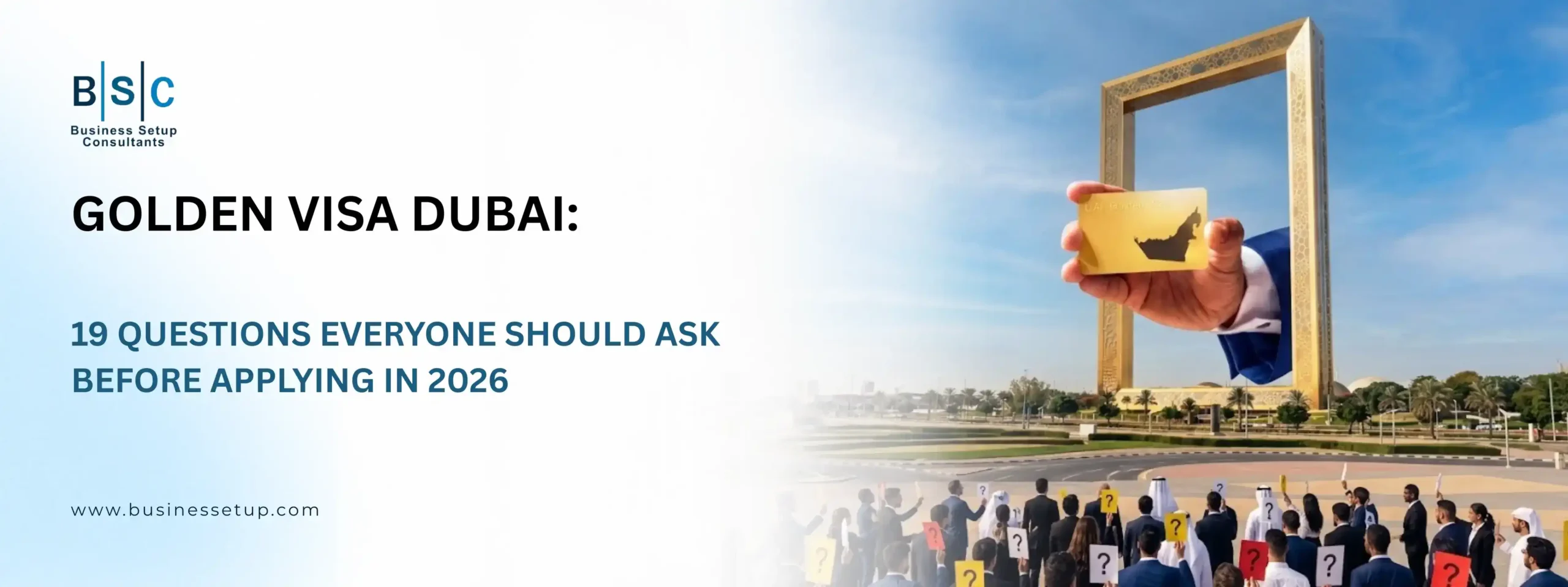 Golden Visa Dubai A banner for Golden Visa Dubai with a giant hand holding a golden visa near a crowd of inquiring entrepreneurs.
