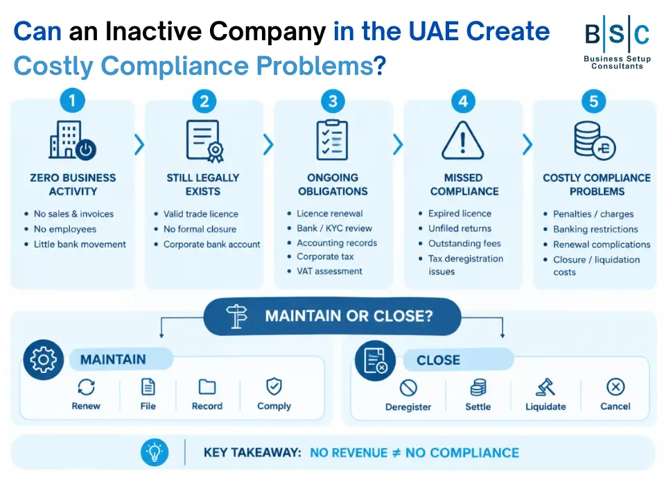 Blue-and-white BSC infographic showing how an inactive UAE company can develop costly compliance problems in 2026, covering ongoing obligations, missed compliance, financial risks, and the choice to maintain or formally close the company.