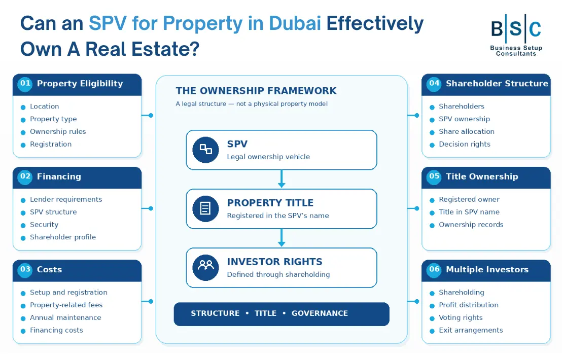 SPV for property in Dubai allows investors to hold real estate through a separate legal entity, helping structure ownership, manage liabilities, and simplify property-related transactions while maintaining clear financial separation.