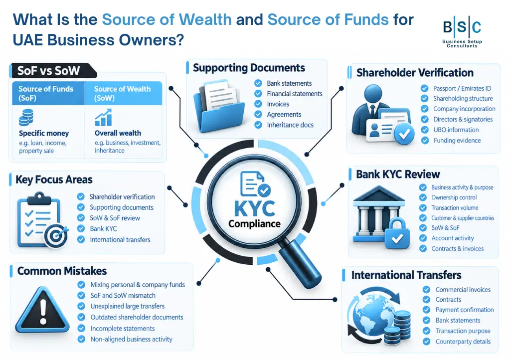 An infographic detailing KYC Compliance for source of funds for UAE business owners, illustrating SoF vs SoW differences, required documents, bank reviews, shareholder verification, and common compliance mistakes.