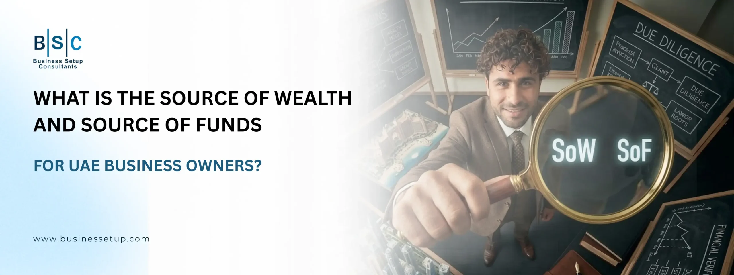 Source of Wealth and Source of Funds for UAE Business Owners A smiling consultant with a magnifying glass stands among detailed financial charts and architectural models, promoting a guide on sourcing business funds.