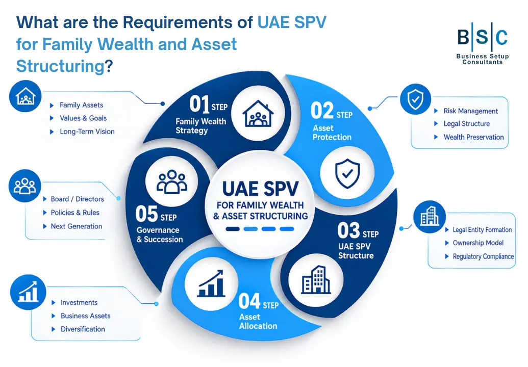 An infographic illustrating five key steps to use a UAE SPV for Family Wealth and successful asset structuring.