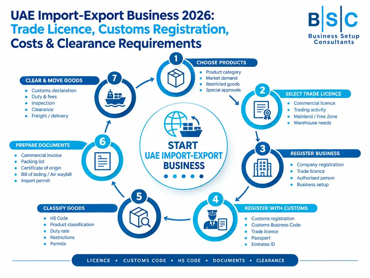 An infographic detailing the UAE import-export business requirements, including trade licence, customs registration, clearance, shipping, and various process steps