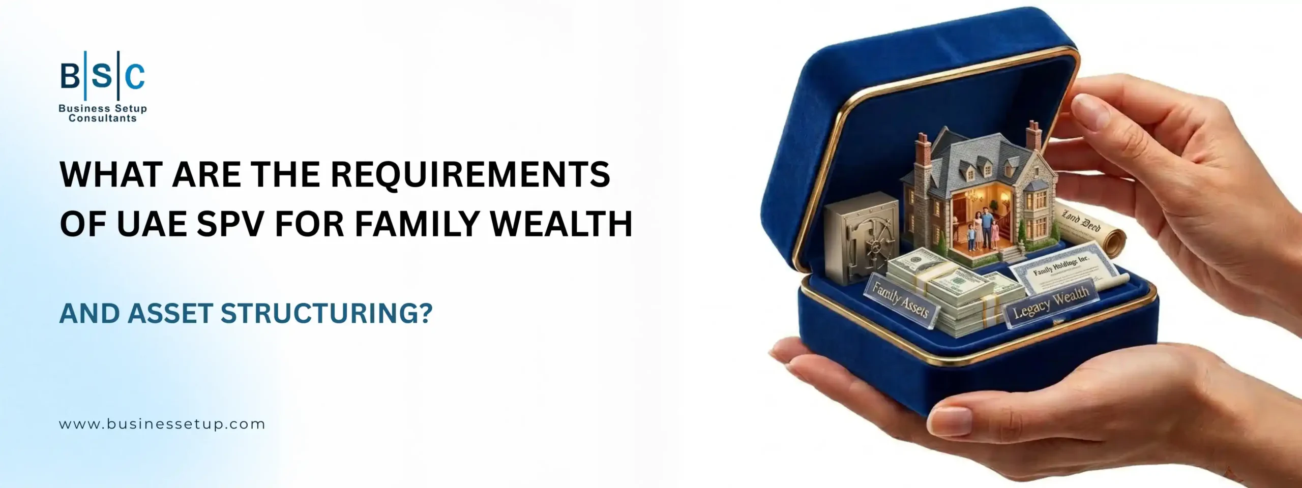 What are the Requirements of UAE SPV for Family Wealth and Asset Structuring_11zon A conceptual image showing a 3D house model, cash, and documents in a box, symbolizing UAE SPV for Family Wealth.
